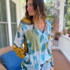 Dolma Abstract Watercolor Floral Sheer Cotton Tunic Top in Small